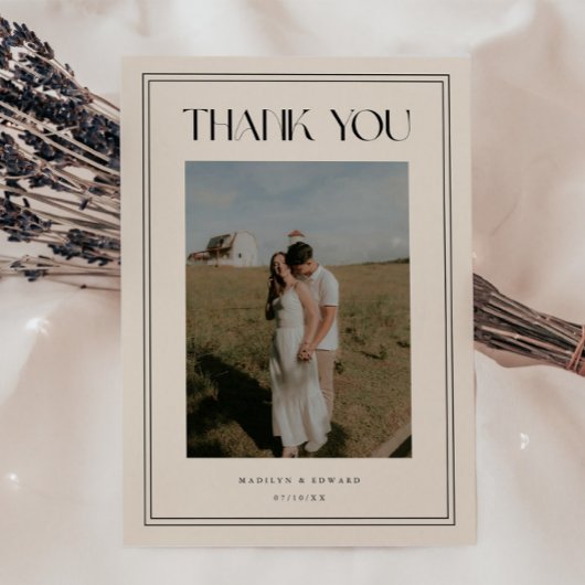 Modern Minimalistic Beige Ivory Wedding Photo サンキューカード