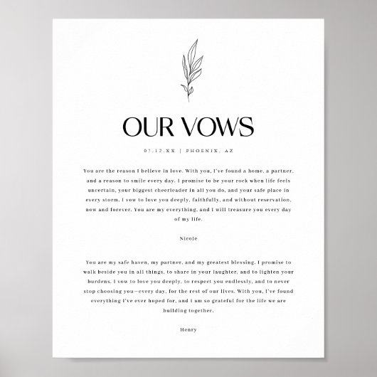 Modern Minimalistic Floral Custom Wedding Vows ポスター (正面)