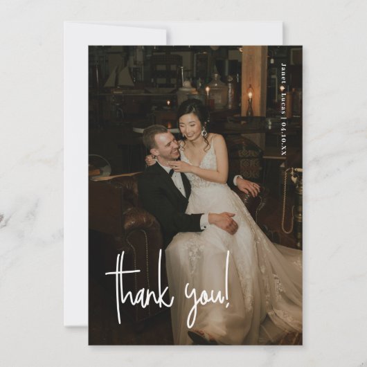 Modern Minimalistic Script Full Photo Wedding サンキューカード (正面)