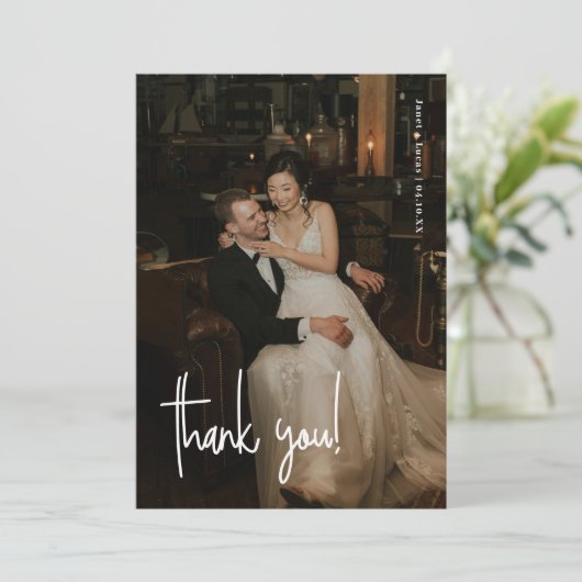 Modern Minimalistic Script Full Photo Wedding サンキューカード (スタンド正面)