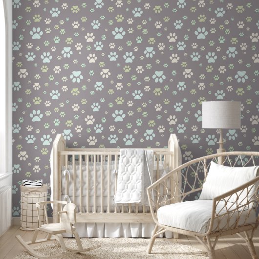 Modern Mint & Grey Paw Print Nursery 壁紙 (キッズ)
