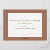 Modern Mocha Brown Stripes Photo Christmas Gold 箔シーズンカード (裏面)