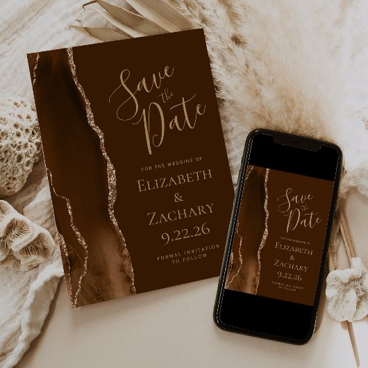 Modern Mocha Gold Agate Brown Save the Date セーブザデート