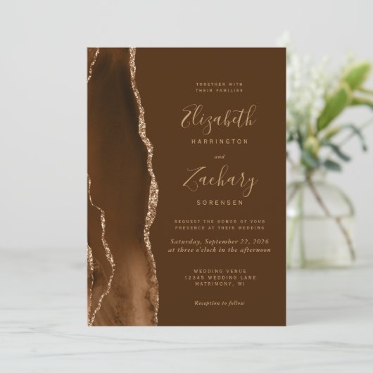 Modern Mocha Gold Agate Brown Wedding 招待状 (スタンド正面)