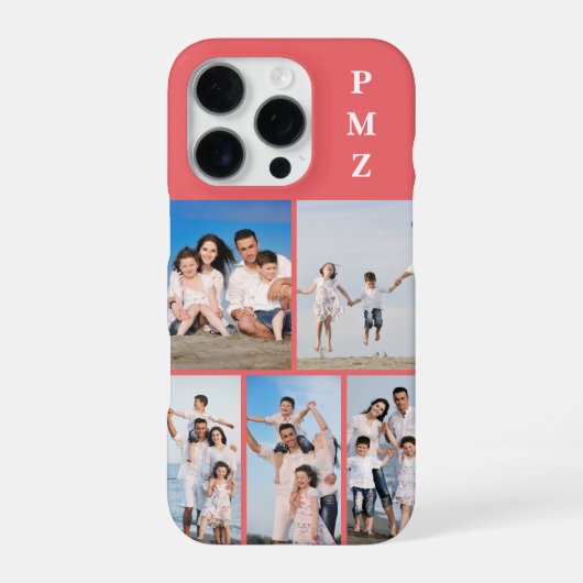 Modern Monogram 5 Photo Collage Coral Pink iPhoneケース (裏面)