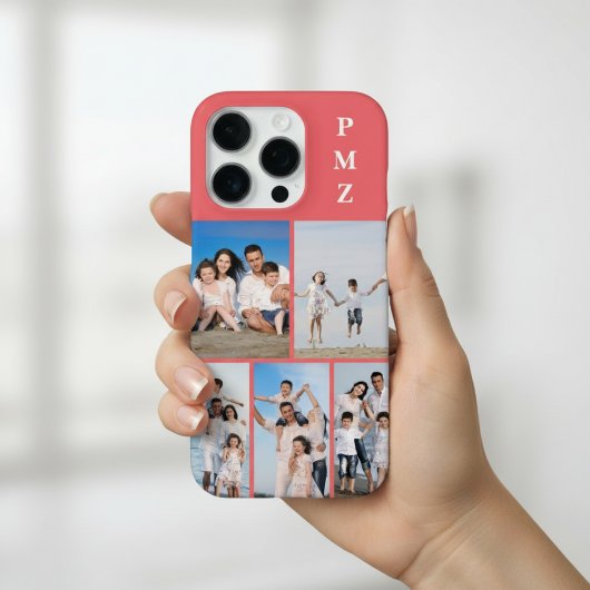 Modern Monogram 5 Photo Collage Coral Pink iPhoneケース