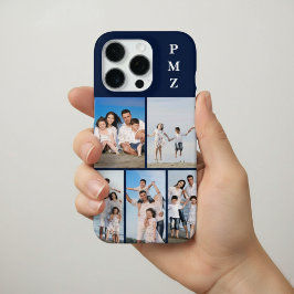 Modern Monogram 5 Photo Collage Dark Navy Blue iPhone 16 Proケース