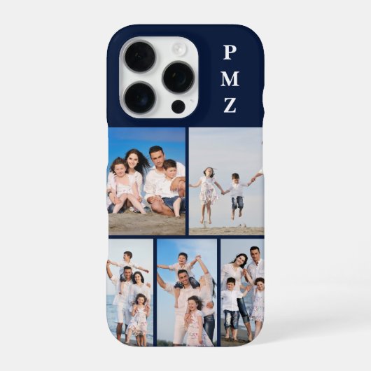 Modern Monogram 5 Photo Collage Dark Navy Blue iPhoneケース (裏面)