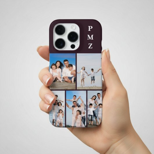 Modern Monogram 5 Photo Collage Plum Purple iPhoneケース
