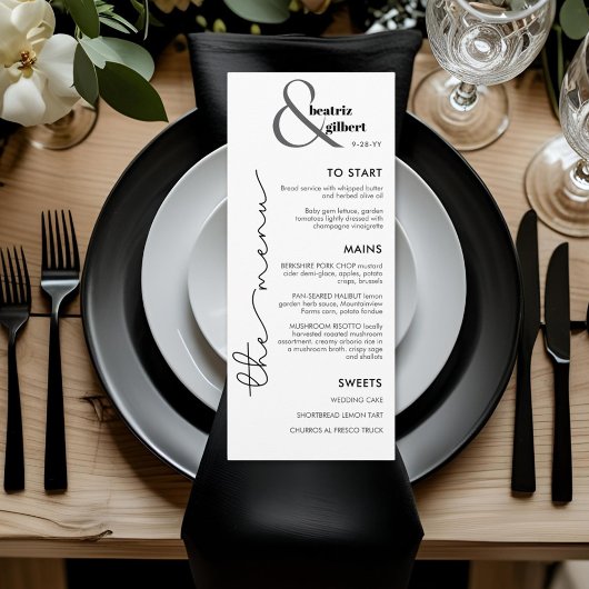 Modern Monogram Black and White Wedding Menu Card メニュー