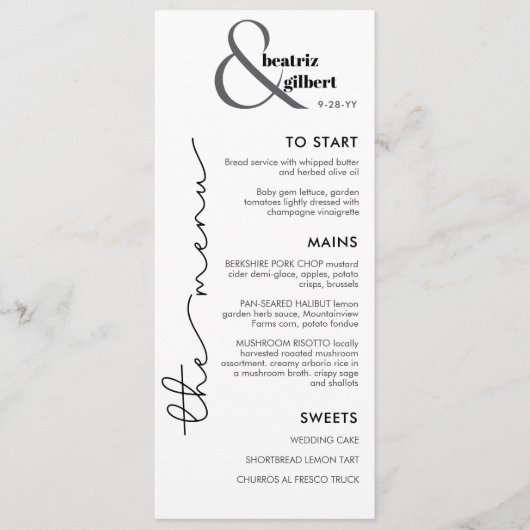 Modern Monogram Black and White Wedding Menu Card メニュー (正面)