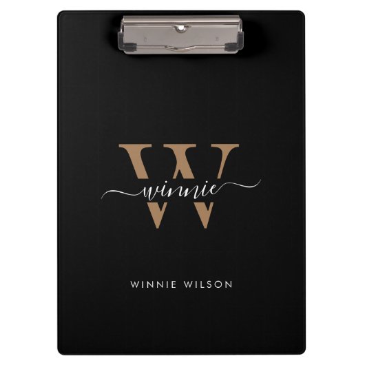 Modern Monogram Black Gold Minimal Script Name  クリップボード (正面)