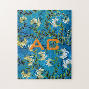 Modern Monogram Blue Floral Chic ジグソーパズル