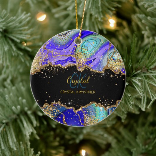 Modern Monogram Blue Green Gold セラミックオーナメント (ツリー)