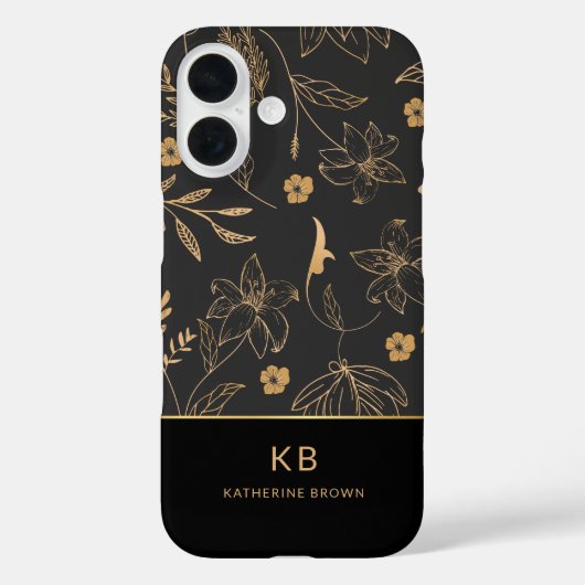 Modern Monogram Elegant Black Gold Floral Pattern Case-Mate iPhoneケース (裏面)