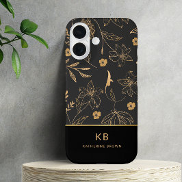 Modern Monogram Elegant Black Gold Floral Pattern  iPhone 16ケース