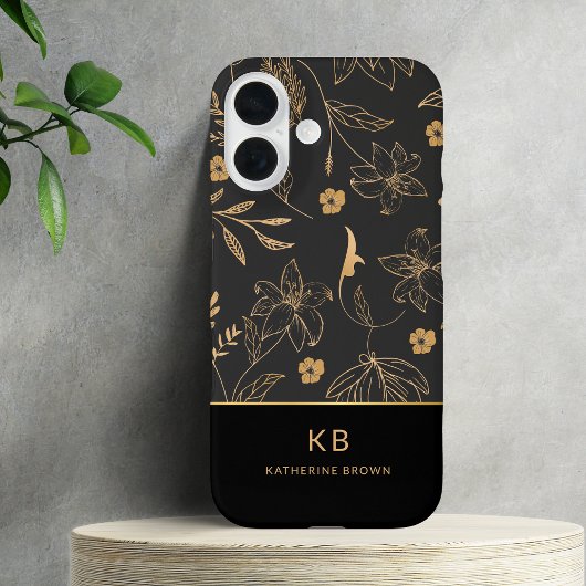 Modern Monogram Elegant Black Gold Floral Pattern Case-Mate iPhoneケース