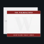 Modern Monogram Family Names Dark Red Stationery ノートカード<br><div class="desc">This design features space for names in the bold bands at the top and bottom with a faded monogram in the background. Click the customize button if you would like to adjust the design elements and/or further modify the text! Variations of this design, additional colors, as well as coordinating products...</div>