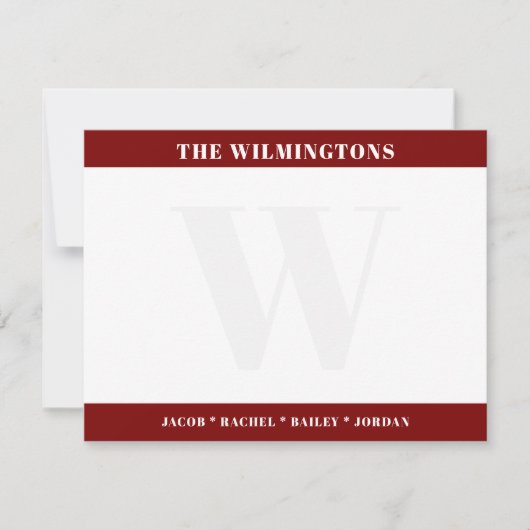 Modern Monogram Family Names Dark Red Stationery ノートカード (正面)