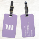 Modern Monogram Initial Lilac Pastel ラゲッジタグ<br><div class="desc">Modern lower case typography minimalist monogram initial design which can be changed to personalize, along with the details on the reverse. White on a pastel lilac background for a dose of dopamine!</div>
