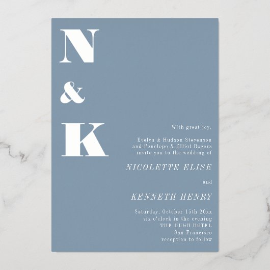 Modern Monogram Initials Dusty Blue Bold Wedding  箔招待状 (正面)
