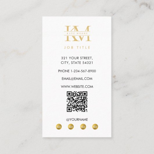 Modern Monogram Initials Professional White Gold 名刺 (裏面)