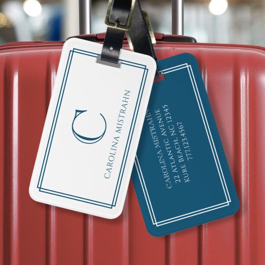 Modern Monogram Navy Blue Double Border ラゲッジタグ