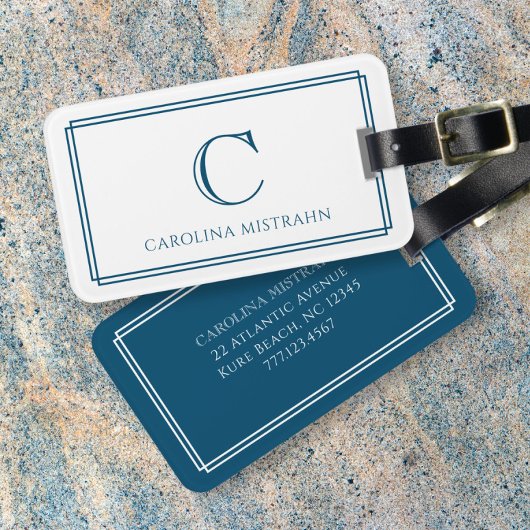 Modern Monogram Navy Blue Double Border ラゲッジタグ