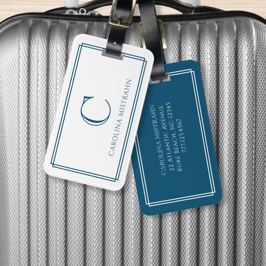 Modern Monogram Navy Blue Double Border ラゲッジタグ