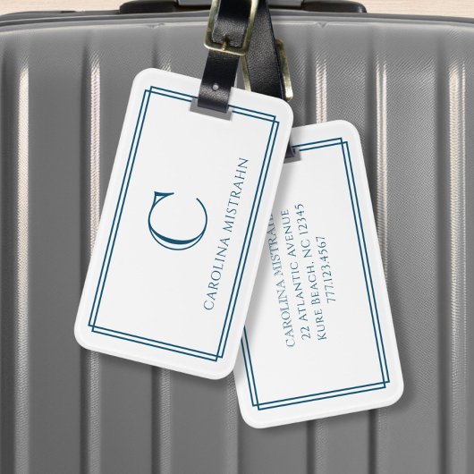 Modern Monogram Navy Blue Double Border ラゲッジタグ