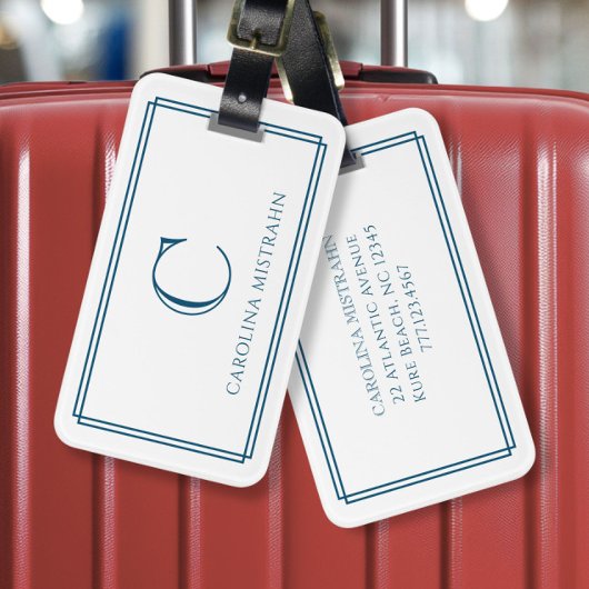 Modern Monogram Navy Blue Double Border ラゲッジタグ