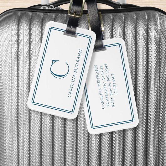 Modern Monogram Navy Blue Double Border ラゲッジタグ