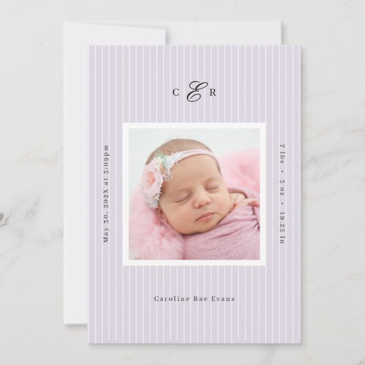 Modern Monogram Photo Birth Announcement 案内状 (正面)