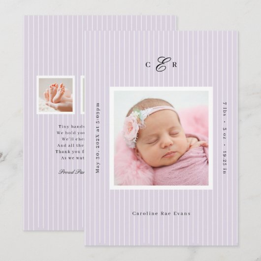 Modern Monogram Photo Birth Announcement 案内状 (正面/裏面)