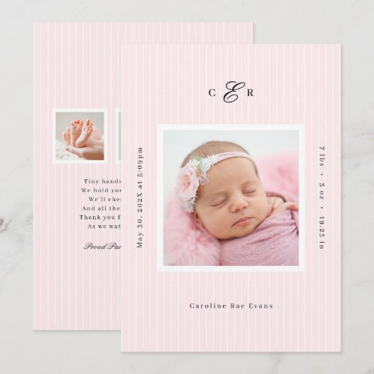 Modern Monogram Photo Birth Announcement 案内状 (正面/裏面)