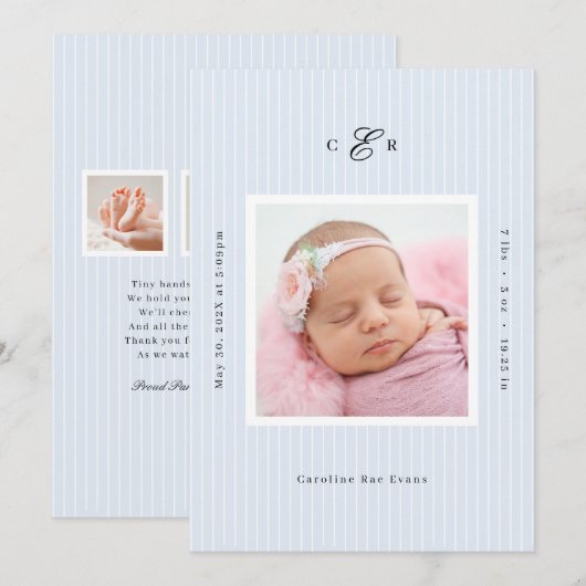 Modern Monogram Photo Birth Announcement 案内状 (正面/裏面)