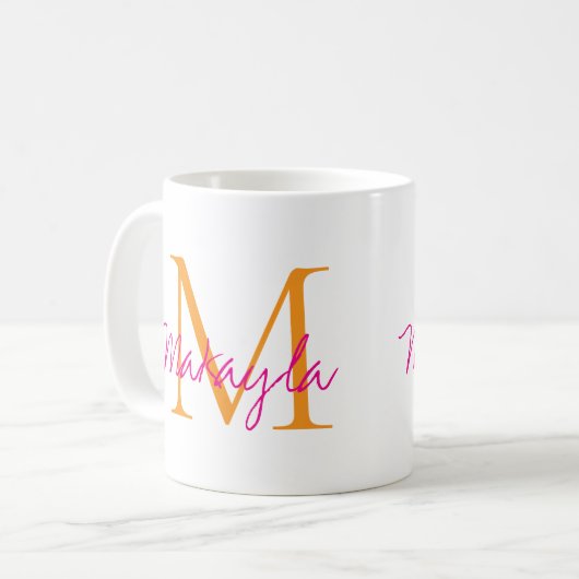 Modern Monogram Pink Script Name コーヒーマグカップ (正面左)