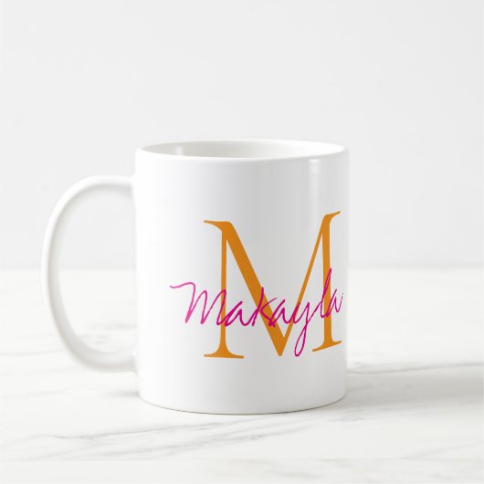 Modern Monogram Pink Script Name コーヒーマグカップ (左)
