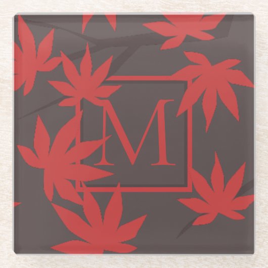 Modern Monogram Red Maple Leaf Grey ガラスコースター (正面)