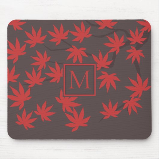 Modern Monogram Red Maple Leaf Grey マウスパッド (正面)