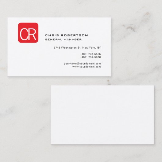 Modern Monogram Red White Professional Plain 名刺 (正面/裏面)