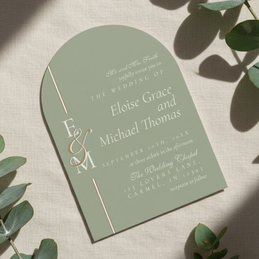 Modern Monogram Script Sage Green Arch Wedding 招待状