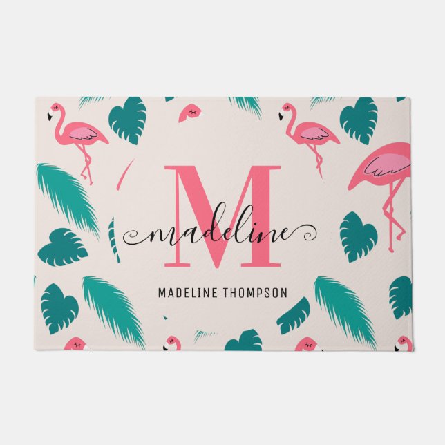 Modern Monogram Tropical Leaves Hot Pink Flamingo ドアマット (正面)