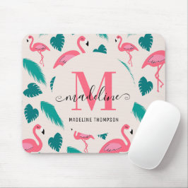 Modern Monogram Tropical Leaves Hot Pink Flamingo マウスパッド