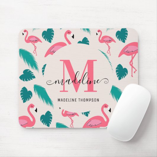 Modern Monogram Tropical Leaves Hot Pink Flamingo マウスパッド (マウス)