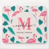 Modern Monogram Tropical Leaves Hot Pink Flamingo マウスパッド (正面)