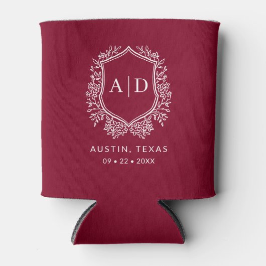 Modern Monogram Wedding Burgundy Crest 缶クーラー (正面)