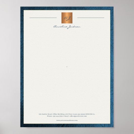 Modern monogrammed printable letterhead blue gold ポスター (正面)
