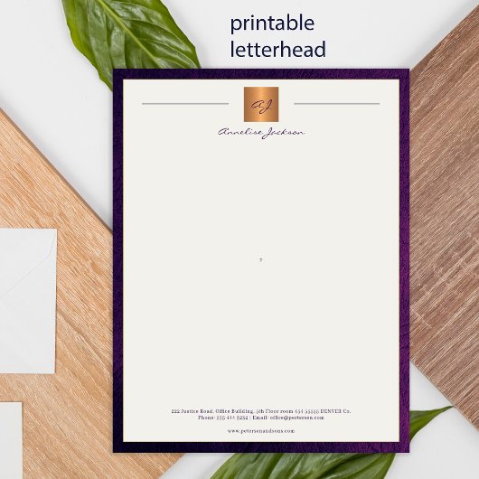 Modern monogrammed printable letterhead purple ポスター