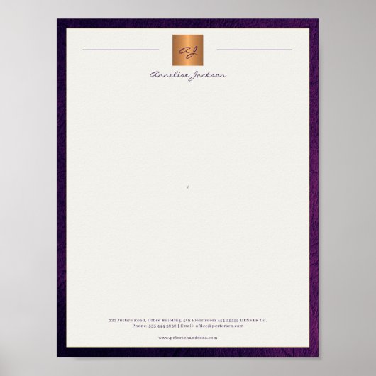 Modern monogrammed printable letterhead purple ポスター (正面)